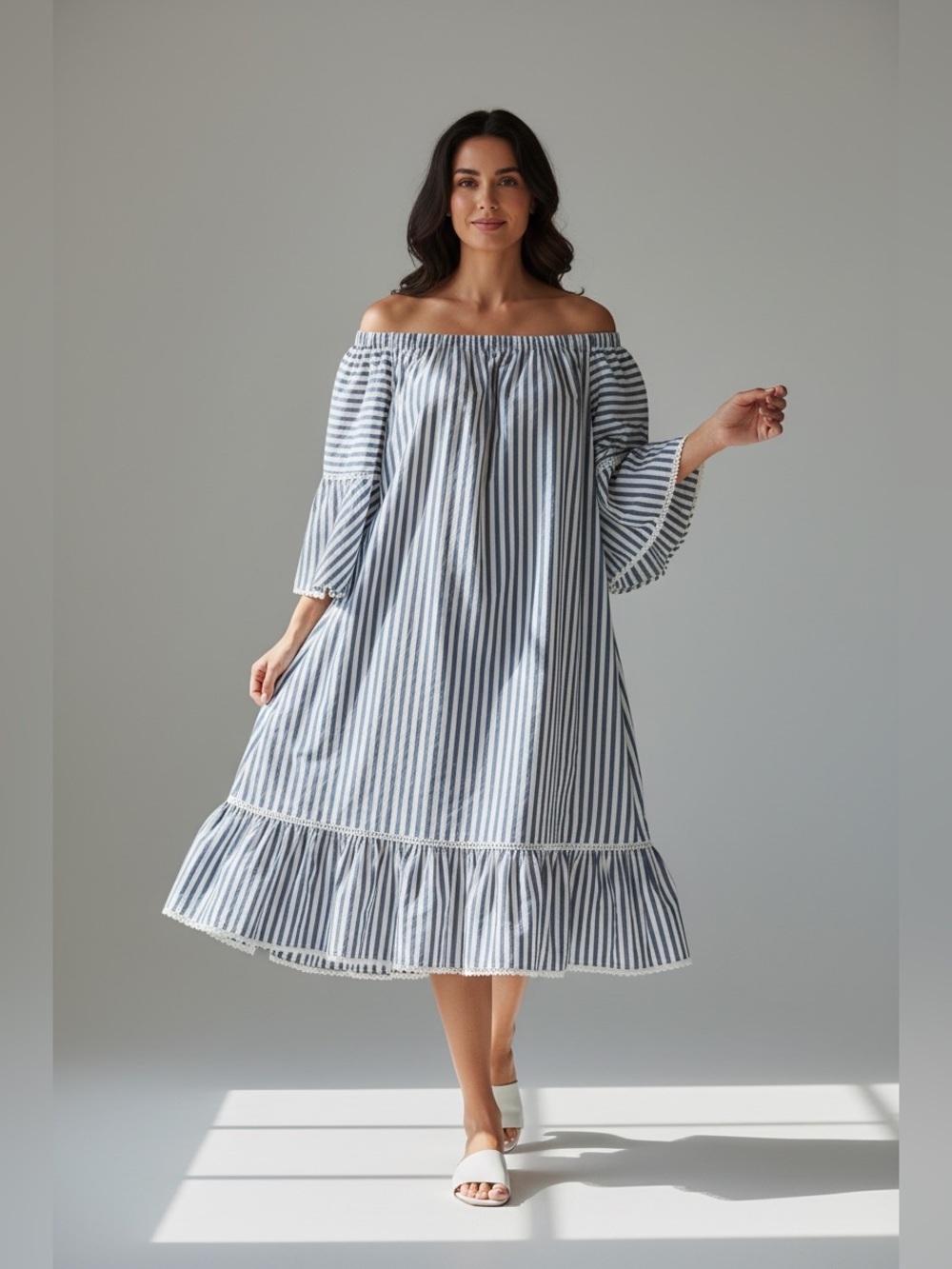 Donna Morgan Navy & White Striped Off-Shoulder Midi